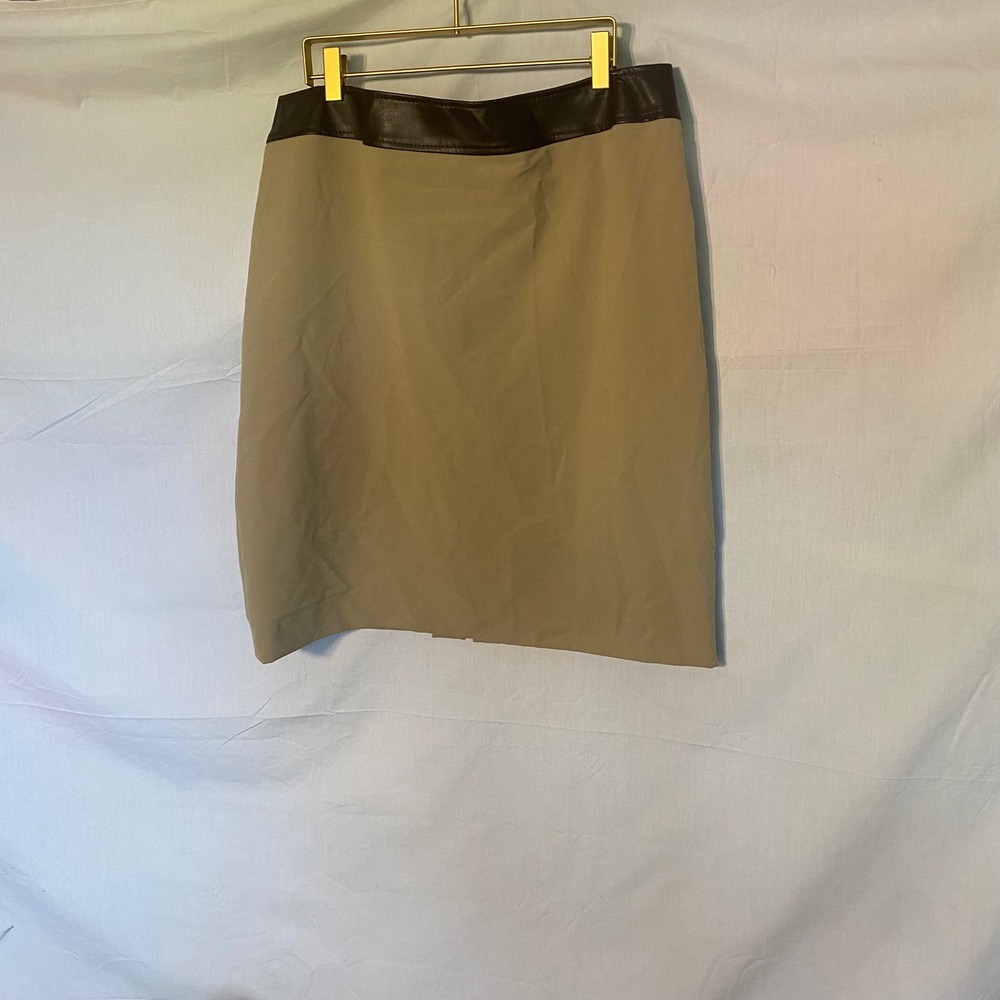 Tahari Arthur Levine Carol‎ Khaki Brown Faux Leather Trim Pencil Skirt Size 14